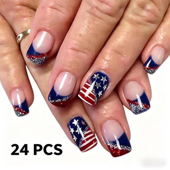 Independence Day Press On Nails, 24PCS American Flag Fake Nails, Patriotic Red White Blue Wearable Nail Tips, Full Cover Nail Art for Holiday Party,D