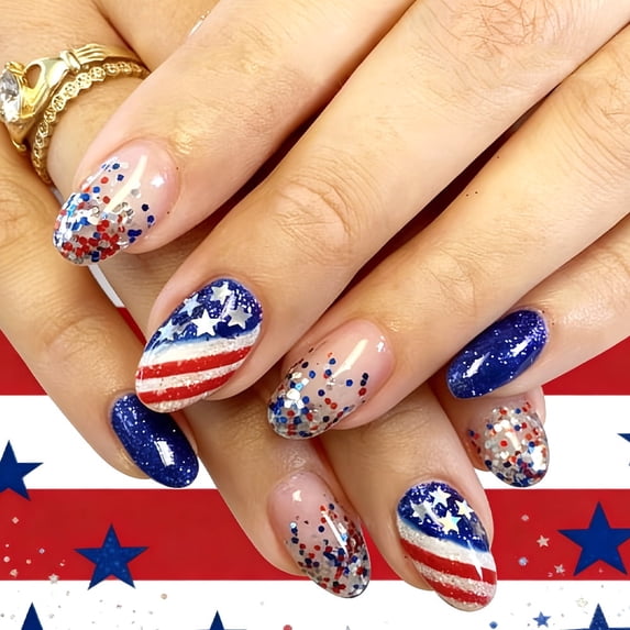 Independence Day Press-On Nails, Red and White Stripes with Star Sequins and Rhinestone Design, 24-Piece False Nail Set