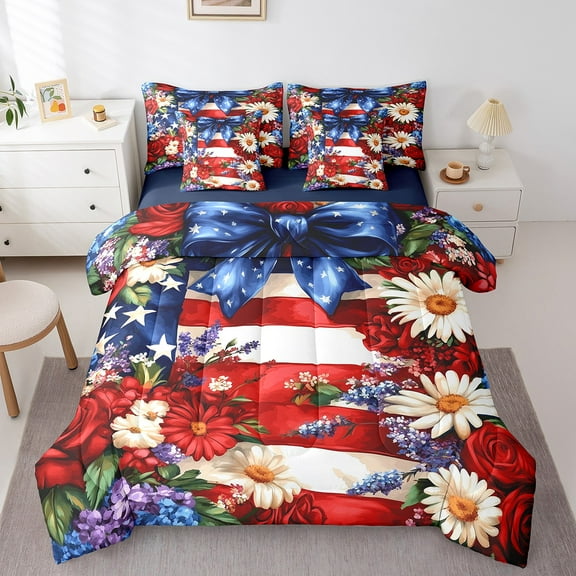 Independence Day Queen Bedding Set 7 Pieces,Red Blue Stripes Stars American Flag Freedom Comforter Set with Sheets,Blue Bowknot Watercolor Daisy Flowers Bed Set in a Bag with Pillow Covers