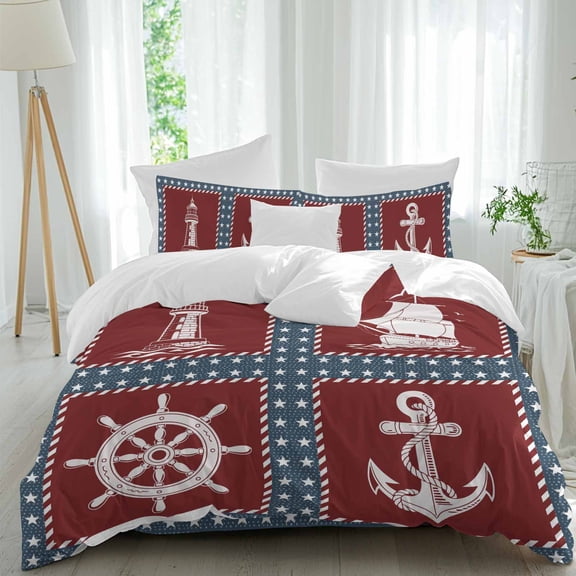 Independence Day Queen Size Comforter Set, America Flag Star Ocean Lighthouse Anchor Rudder Bedding for All Seasons, 4 Pcs Bed Set, 1Quiltcover (90"x92") ,1Sheet(94"x116"), 2Pillowcases (30"x20")