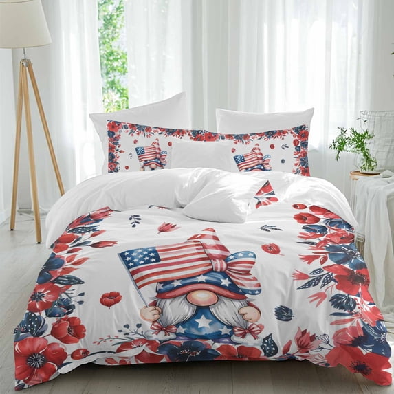 Independence Day Queen Size Comforter Set, Gnome Red Blue Navy Flower U.S. Flag Bedding for All Seasons, 4 Pcs Bed Set, 1Quiltcover (90"x92") ,1Sheet(94"x116"), 2Pillowcases (30"x20")