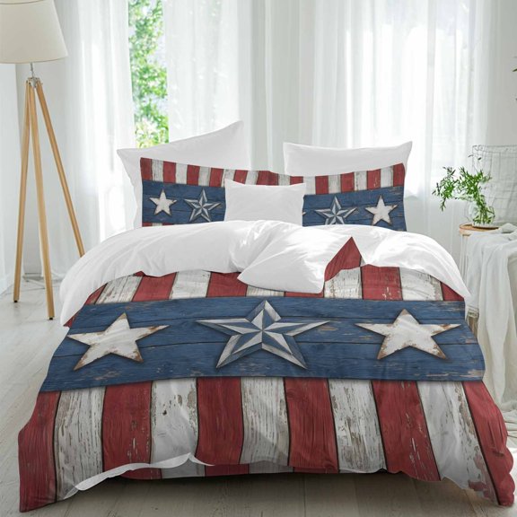 Independence Day Queen Size Comforter Set, Metal Retro Five-Pointed Stars Wood Grain Bedding for All Seasons, 4 Pcs Bed Set, 1Quiltcover (90"x92") ,1Sheet(94"x116"), 2Pillowcases (30"x20")