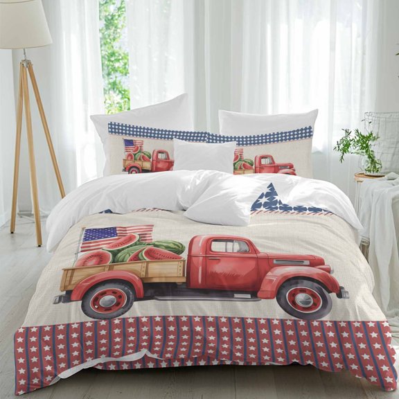 Independence Day Queen Size Comforter Set, Red Trucks U.S. Flag Watermelon Vintage Linen Bedding for All Seasons, 4 Pcs Bed Set, 1Quiltcover (90"x92") ,1Sheet(94"x116"), 2Pillowcases (30"x20")