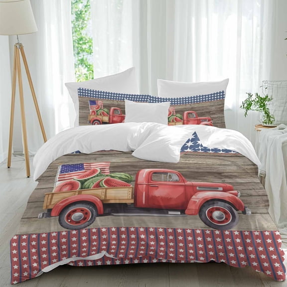 Independence Day Queen Size Comforter Set, Red Trucks U.S. Flag Watermelon Wood Grain Bedding for All Seasons, 4 Pcs Bed Set, 1Quiltcover (90"x92") ,1Sheet(94"x116"), 2Pillowcases (30"x20")