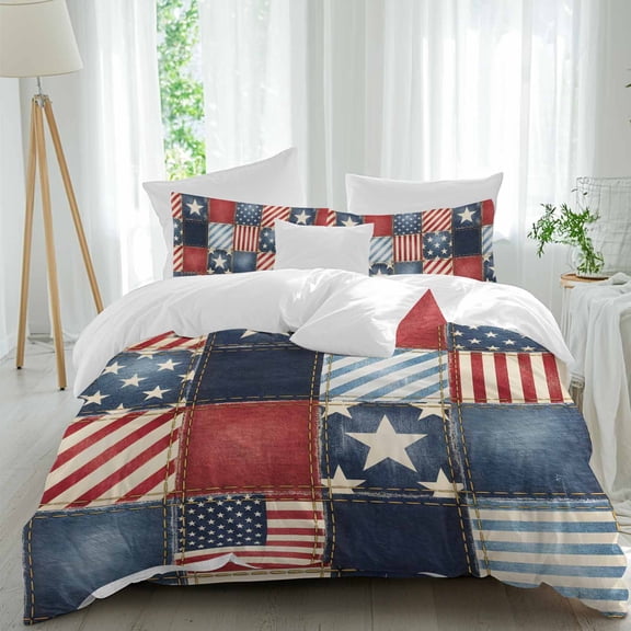 Independence Day Queen Size Comforter Set, Retro American Flag Plaid Red Blue Stripes Abstract Bedding for All Seasons, 4 Pcs Bed Set, 1Quiltcover (90"x92") ,1Sheet(94"x116"), 2Pillowcases (30"x20")
