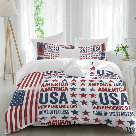 Independence Day Queen Size Comforter Set, Retro American USA Flag Red Stripes Abstract Bedding for All Seasons, 4 Pcs Bed Set, 1Quiltcover (90"x92") ,1Sheet(94"x116"), 2Pillowcases (30"x20")