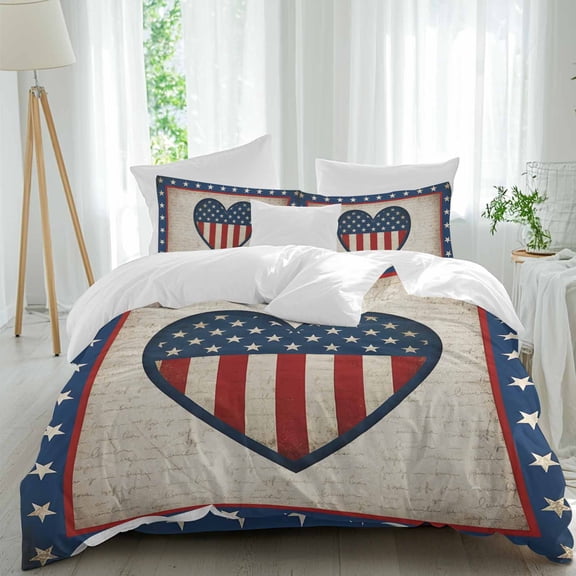 Independence Day Queen Size Comforter Set, Retro Blue Red Star Stripes Love Linen Texture Bedding for All Seasons, 4 Pcs Bed Set, 1Quiltcover (90"x92") ,1Sheet(94"x116"), 2Pillowcases (30"x20")