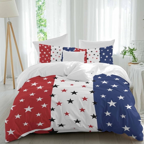 Independence Day Queen Size Comforter Set, Retro Farm American Flag Red Blue White Star Linen Bedding for All Seasons, 4 Pcs Bed Set, 1Quiltcover (90"x92") ,1Sheet(94"x116"), 2Pillowcases (30"x20")