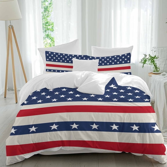 Independence Day Queen Size Comforter Set, Retro U.S. Flag Star Red Blue White Stripes Bedding for All Seasons, 4 Pcs Bed Set, 1Quiltcover (90"x92") ,1Sheet(94"x116"), 2Pillowcases (30"x20")