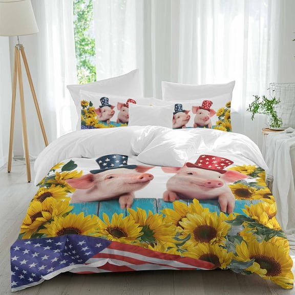 Independence Day Queen Size Comforter Set, U.S. Flag Farm Pigs Rustic Farmhouse Sunflower Bedding for All Seasons, 4 Pcs Bed Set, 1Quiltcover (90"x92") ,1Sheet(94"x116"), 2Pillowcases (30"x20")