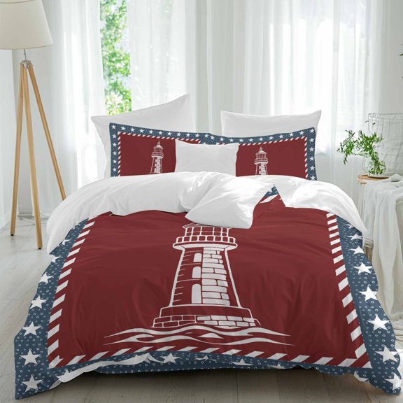 Independence Day Queen Size Comforter Set, U.S. Flag Ocean Coastal Lighthouse Star Navy Blue Bedding for All Seasons, 4 Pcs Bed Set, 1Quiltcover (90"x92") ,1Sheet(94"x116"), 2Pillowcases (30"x20")