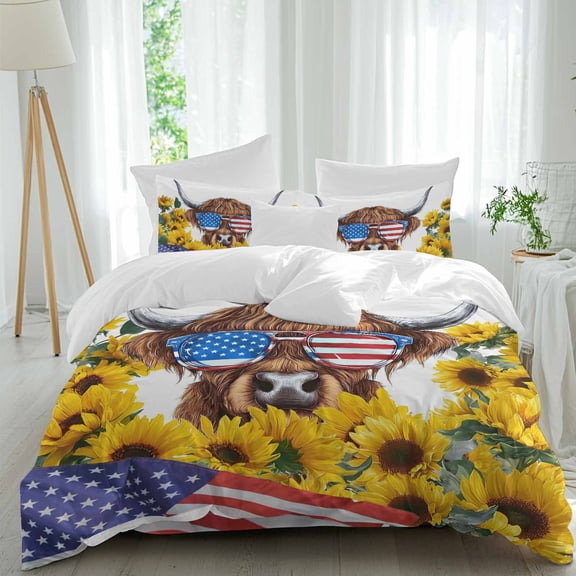 Independence Day Queen Size Comforter Set, U.S. Flag Themed Farm Cow Sunflower Farmhouse Bedding for All Seasons, 4 Pcs Bed Set, 1Quiltcover (90"x92") ,1Sheet(94"x116"), 2Pillowcases (30"x20")