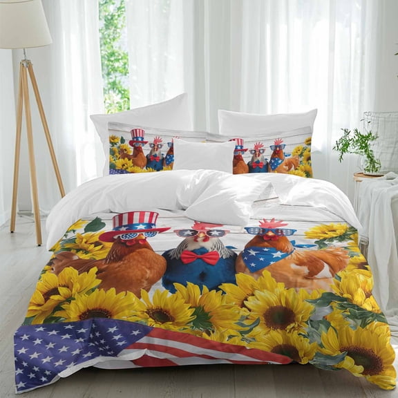 Independence Day Queen Size Comforter Set, U.S. Flag Themed Farm Rooster Sunflower Wood Grain Bedding for All Seasons, 4 Pcs Bed Set, 1Quiltcover (90"x92") ,1Sheet(94"x116"), 2Pillowcases (30"x20")