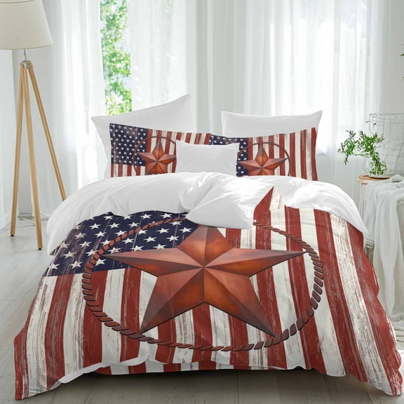 Independence Day Queen Size Comforter Set, U.S. Flag Themed Metal Five-Pointed Star Bedding for All Seasons, 4 Pcs Bed Set, 1Quiltcover (90"x92") ,1Sheet(94"x116"), 2Pillowcases (30"x20")