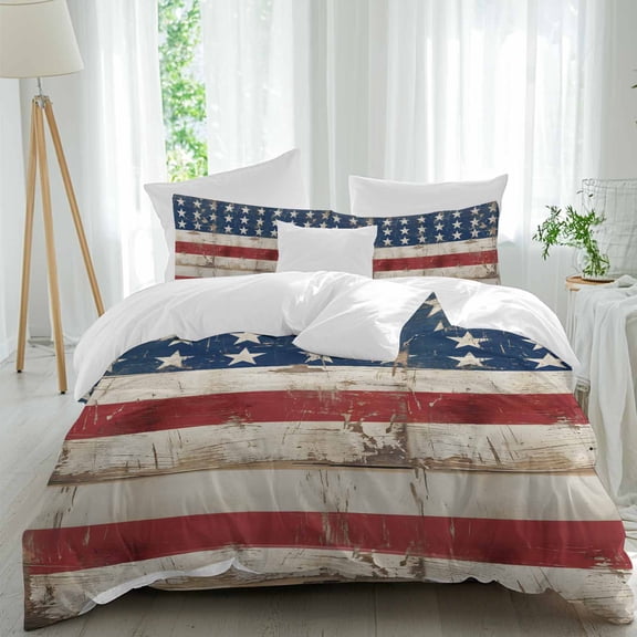 Independence Day Queen Size Comforter Set, U. S. Flag Themed Shabby Chic Retro Wood Grain Bedding for All Seasons, 4 Pcs Bed Set, 1Quiltcover (90"x92") ,1Sheet(94"x116"), 2Pillowcases (30"x20")