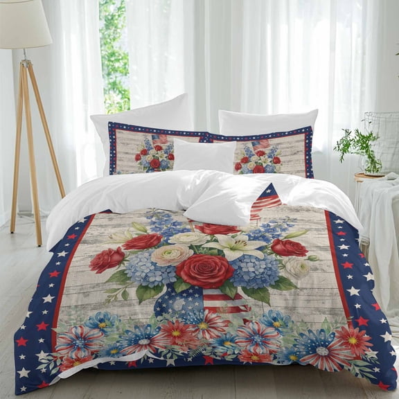 Independence Day Queen Size Comforter Set, USA Flag Penang Stars Hydrangea Flower Wood Grain Bedding for All Seasons, 4 Pcs Bed Set, 1Quiltcover (90"x92") ,1Sheet(94"x116"), 2Pillowcases (30"x20")