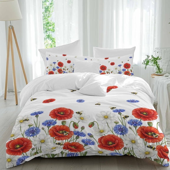 Independence Day Queen Size Comforter Set, Watercolor Red Blue White Daisy Cute Bee Bedding for All Seasons, 4 Pcs Bed Set, 1Quiltcover (90"x92") ,1Sheet(94"x116"), 2Pillowcases (30"x20")