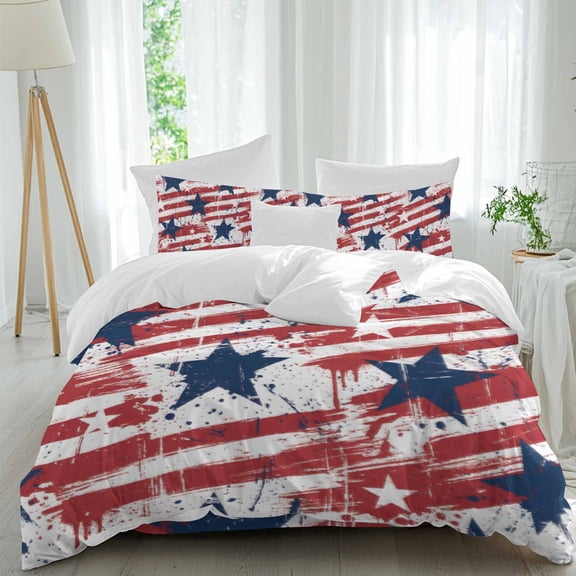 Independence Day Queen Size Comforter Set, Watercolor U, S, Flag Themed Star Red Stripe Retro Bedding for All Seasons, 4 Pcs Bed Set, 1Quiltcover (90"x92") ,1Sheet(94"x116"), 2Pillowcases (30"x20")