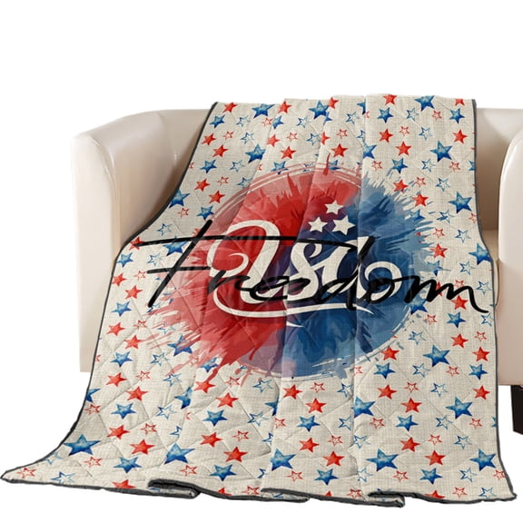 Independence Day Quilted Comforters Cooling Blanket California King Size, USA Freedom Red Blue Star Vintage Linen Texture Cold Comfort for Hot Sleepers Air Conditioning Quilt Blanket for Bed
