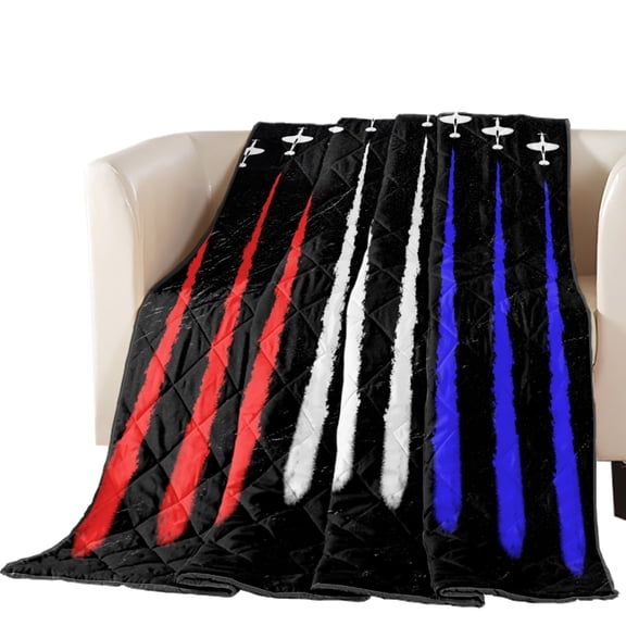 Independence Day Quilted Comforters Cooling Blanket Full Size, Airplane Aircraft Retro USA Flag Cold Comfort for Hot Sleepers Lightweight Air Conditioning Quilt Blanket for Bed