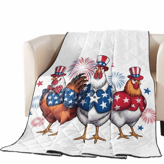 Independence Day Quilted Comforters Cooling Blanket Full Size, Cartoon Farm Chicken Five-Pointed Star Shirt Firework Cold Comfort for Hot Sleepers Lightweight Air Conditioning Quilt Blanket for Bed