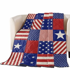 Independence Day Quilted Comforters Cooling Blanket Full Size, Vintage American Flag Red Stripes Blue Star Cold Comfort for Hot Sleepers Lightweight Air Conditioning Quilt Blanket for Bed