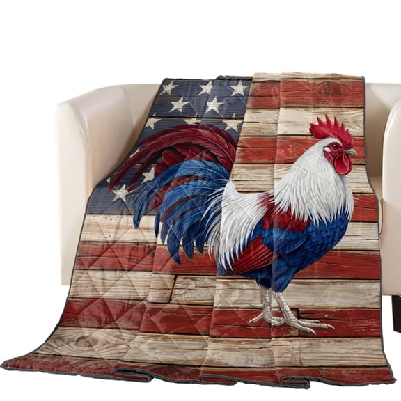Independence Day Quilted Comforters Cooling Blanket King Size, Patriotic Rooster Red Blue USA Flag Wood Grain Cold Comfort for Hot Sleepers Lightweight Air Conditioning Quilt Blanket for Bed