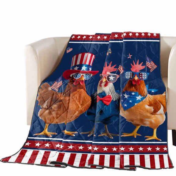Independence Day Quilted Comforters Cooling Blanket King Size, USA Flag Farmhouse Rooster Navy Blue Cold Comfort for Hot Sleepers Lightweight Air Conditioning Quilt Blanket for Bed