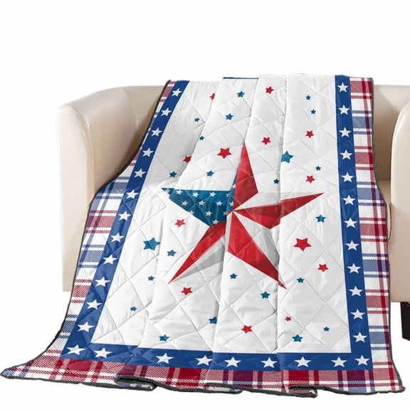 Independence Day Quilted Comforters Cooling Blanket King Size, USA Flag Star Blue Red Plaid 4th of July Cold Comfort for Hot Sleepers Lightweight Air Conditioning Quilt Blanket for Bed