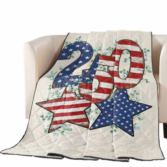 Independence Day Quilted Comforters Cooling Blanket King Size, Vintage Red Blue USA Flag Stars Beige Cold Comfort for Hot Sleepers Lightweight Air Conditioning Quilt Blanket for Bed