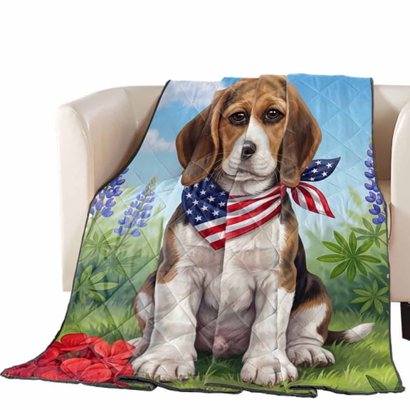 Independence Day Quilted Comforters Cooling Blanket Oversized King Size, American Flag Cute Beagle Dog Puppy Colorful Flowers Cold Comfort for Hot Sleepers Air Conditioning Quilt Blanket for Bed