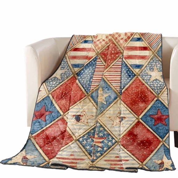 Independence Day Quilted Comforters Cooling Blanket Oversized Queen Size, Vintage Red Blue Gold Star USA Flag Diamond Cold Comfort for Hot Sleepers Lightweight Air Conditioning Quilt Blanket for Bed