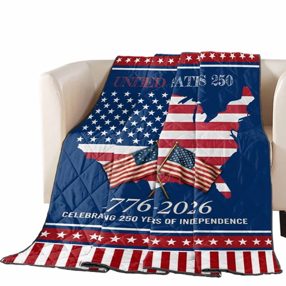 Independence Day Quilted Comforters Cooling Blanket Oversized Queen Size, Vintage Red Blue USA Map Flag Navy Blue Cold Comfort for Hot Sleepers Lightweight Air Conditioning Quilt Blanket for Bed