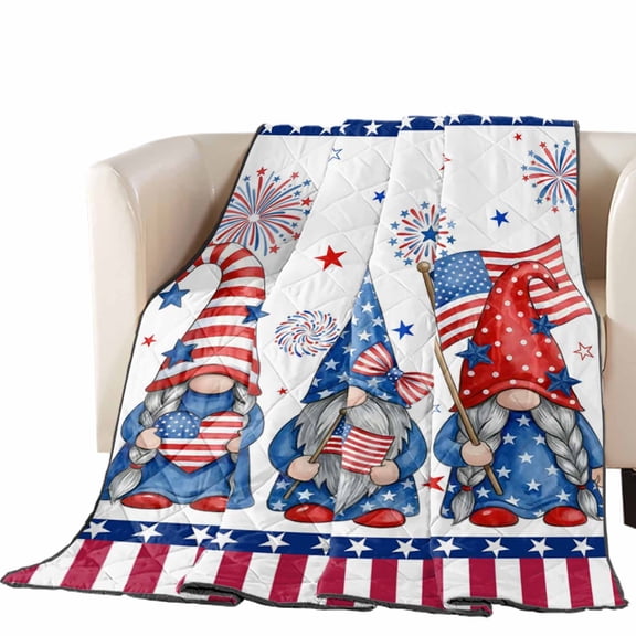 Independence Day Quilted Comforters Cooling Blanket Queen Size, Patriotic Gnomes USA Flag 4th of July Cold Comfort for Hot Sleepers Lightweight Air Conditioning Quilt Blanket for Bed