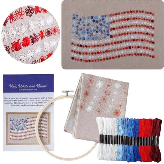 Independence Day Red and Blue Floral Embroidery Kit, Hand DIY Flowers Border Pattern Embroidery Kit Indigo Flower Cross Needle Point Embroidery Kit for Beginners Craft Lovers
