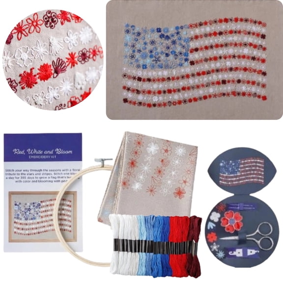 Independence Day Red and Blue Floral Embroidery Kit, Hand DIY Flowers Border Pattern Embroidery Kit Indigo Flower Cross Needle Point Embroidery Kit for Beginners Craft Lovers