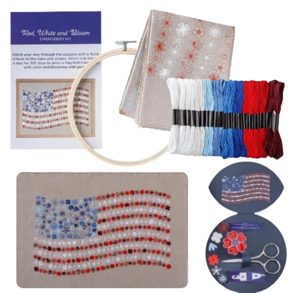Independence Day Red and Blue Floral Embroidery Kit, Hand DIY Flowers Border Pattern Embroidery Kit Indigo Flower Cross Needle Point Embroidery Kit for Beginners Craft Lovers