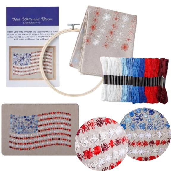 Independence Day Red and Blue Floral Embroidery Kit, Hand DIY Flowers Border Pattern Embroidery Kit Indigo Flower Cross Needle Point Embroidery Kit for Beginners Craft Lovers