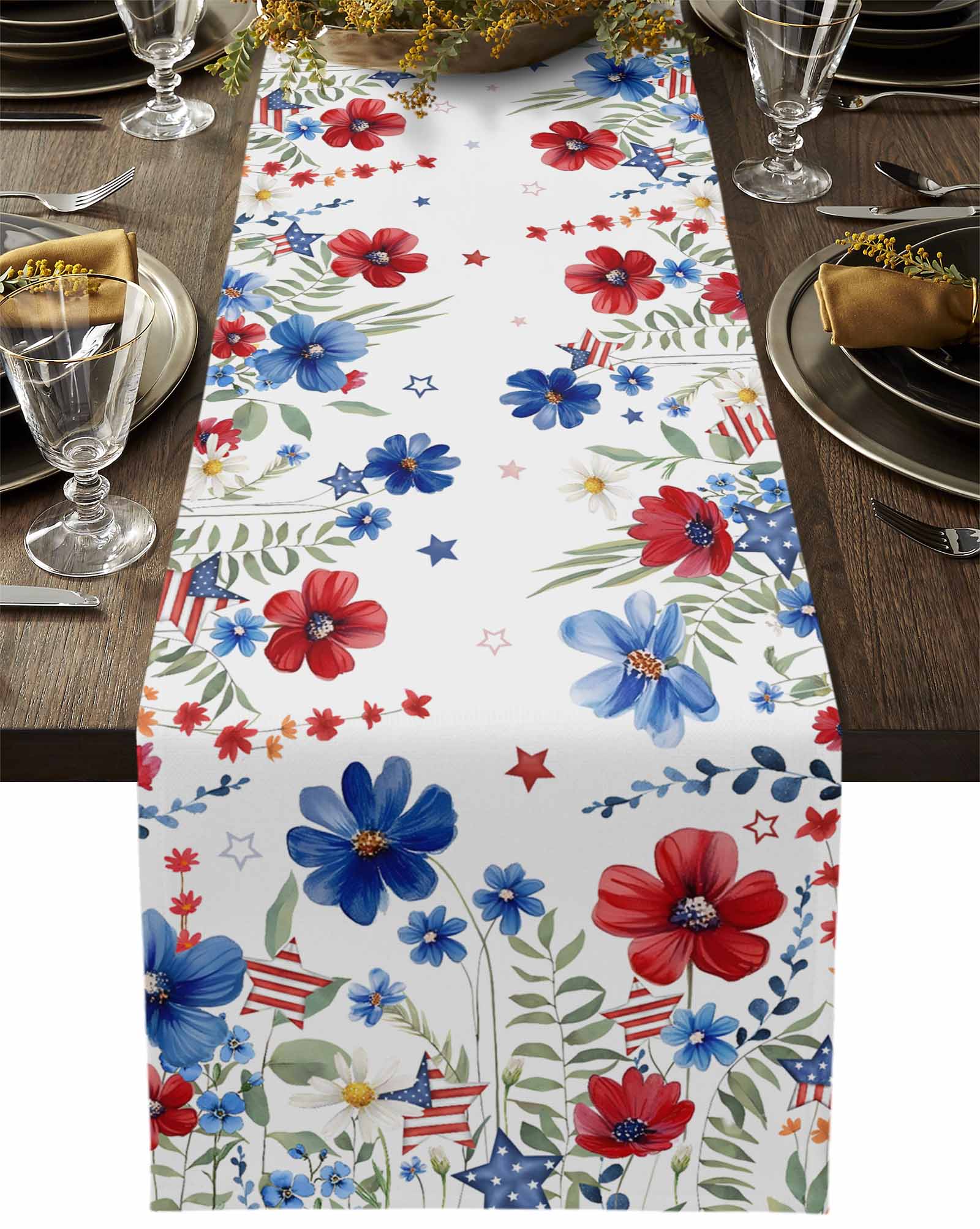 Independence Day Red Blue Flower Table Runners 13x36 Inches Long Linen ...