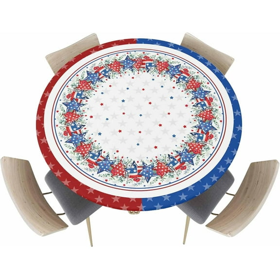 Independence Day Red Blue Star and Stripe Kitchen Fitted Tablecloth for Round Table,4th of July Table Cover with Elastic Edge Waterproof Patriotic Memorial Day Tablecloth Circle Covers 45-52in