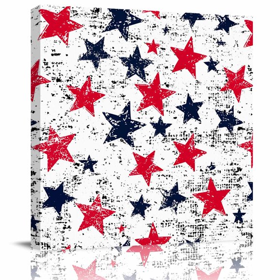 Independence Day Red Blue Stars Canvas Artwork Painting Art, 4th of July Retro Shabby Star Square Framed Wall Decorations Prints Picture for Bedroom Kitchen Living Room, 8x8 in