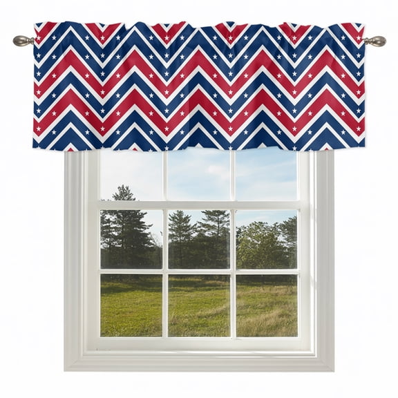 Independence Day Red Blue Stripe Valances for Windows Chevron Texture Patriotic Star Rod Pocket Curtain Valance Window Treatment Short Curtains for Kitchen Living Room,42x12in