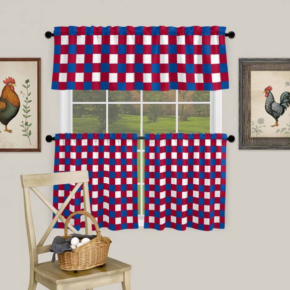 Independence Day Red Buffalo Plaid Curtain Tier and Valance Set 3 Piece, Blue Gingham Check 3-inch Rod Pocket Window Tier Curtains Valance for Kitchen Living Room