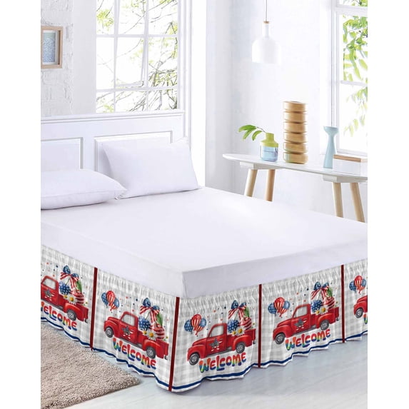 Independence Day Red Truck Bed Skirt California King Size 18 Inch Drop, Welcome Red Blue Star Balloon Cherry Gray Plaid Adjustable Elastic Dust Ruffles Bedskirt Wrap Around Pleated Mattress Cover