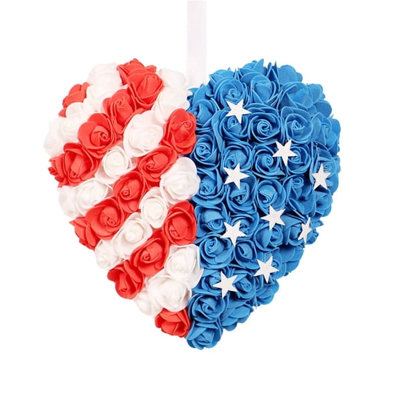 Independence Day Red White Blue Foam Heart Wreath Hanging Decor Patriotic Door Wall Window Decor for 4th of July Memorial Day Holiday Decoration
