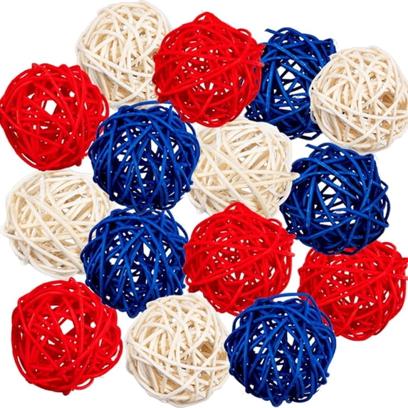 Independence Day Red White Blue Natural Rattan Decorative Hanging Ornament Balls 2 Inch 18-Pack - Festive Patriotic Decorations For Home Party Scenic Displays - Independence Day