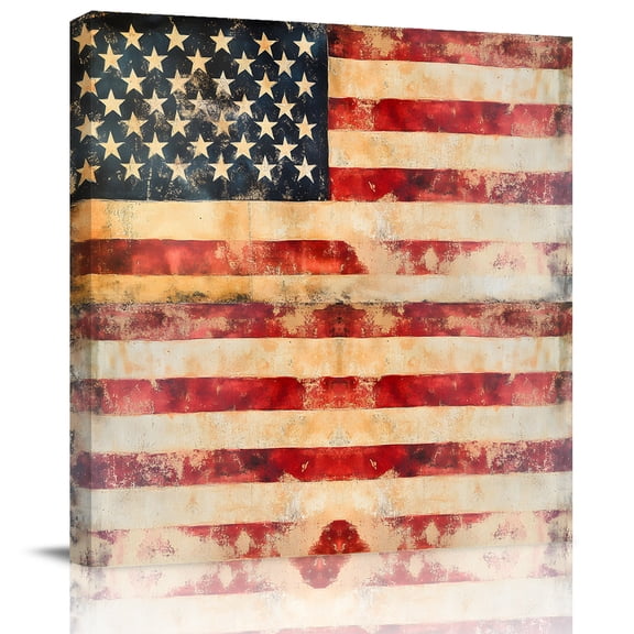 Independence Day Retro Stripes and Stars Canvas Artwork Painting Art, USA Flag Star Square Framed Wall Decorations Prints Picture for Bedroom Kitchen Living Room, 8x8 in