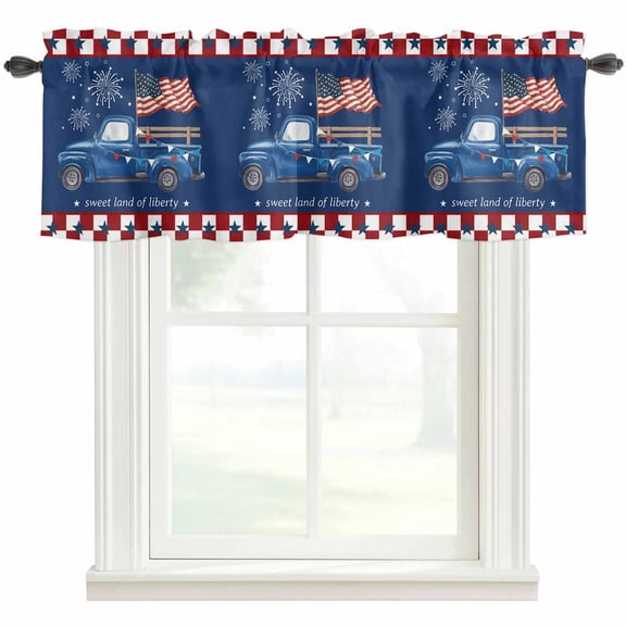 Independence Day Rod Pocket Curtain Valance, Blue Truck Star Usa Flag Red White Plaid Farmhouse Window Valance for Living Room, Bedroom, Kitchen 42"W x 12"L