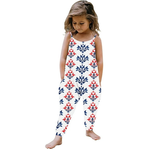 Independence Day Rompers for Girls July 4th Celebration Spaghetti Straps Red Blue and White Jumpsuits 2025 Summer Freedom Sleeveless Overall Casual Vermilion Rompers with Side Pockets