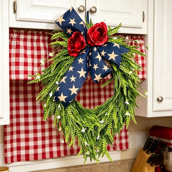 Independence Day Rose Ribbon Wreath Patriotic Red White Blue Bow Door Hanging Garland Front Door Porch Wall Decor Indoor Outdoor Home Party Festival Celebration Seasonal Reusable Ornament